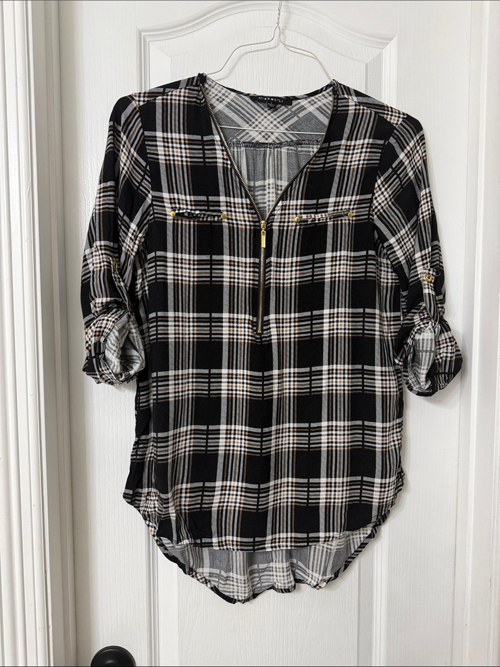 Miss Lili black & white plaid 3/4 roll-tab sleeve tunic blouse gold zipper L